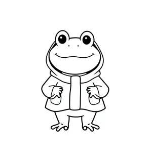 yağmurluk giymiş şişman kurbağa, child friendly, cute, no violence, clean lines